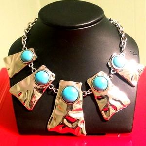NWT Faux Turquoise Silver-Plated Rectangular Statement Necklace!